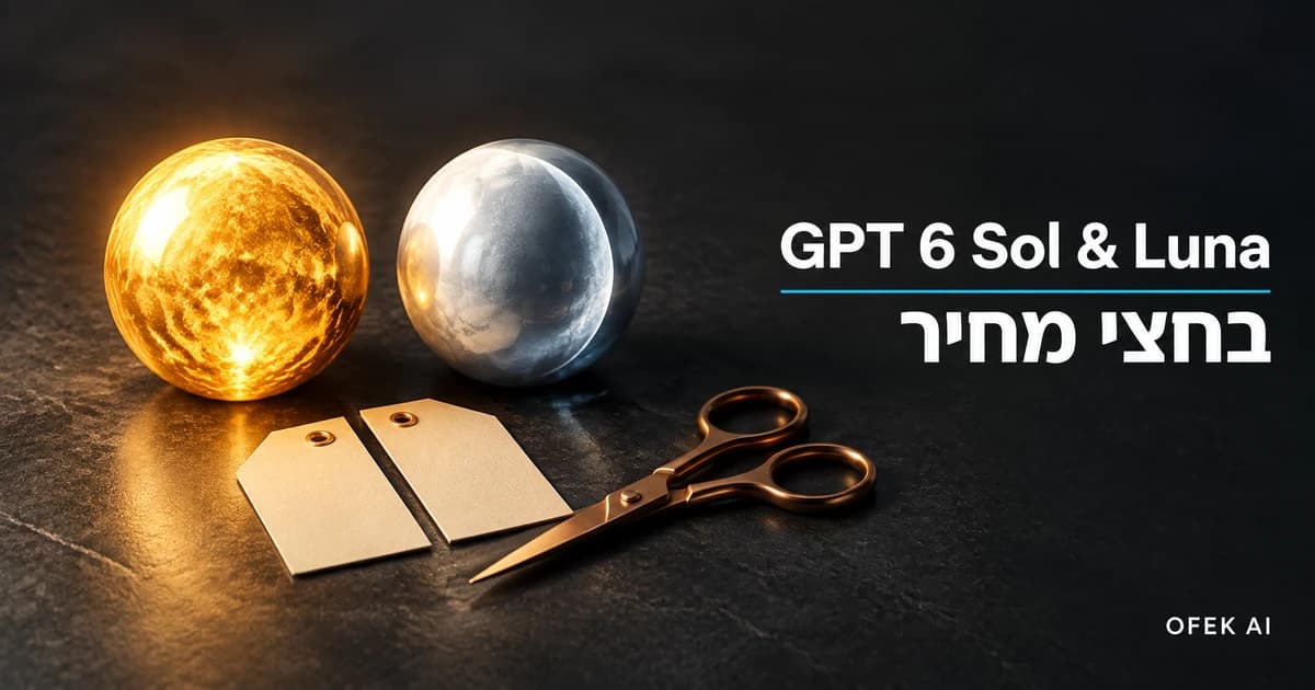 כדור זהב חם וכדור כסף קריר על שולחן, ותווית נייר ריקה שנחתכה לשני חצאים, עם הכותרת GPT 6 Sol & Luna בחצי מחיר