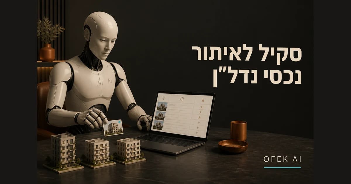 סוכן AI משווה דגמי בניינים וכרטיס נכס לצד רשימת נכסים במחשב, עם הכותרת סקיל לאיתור נכסי נדל״ן