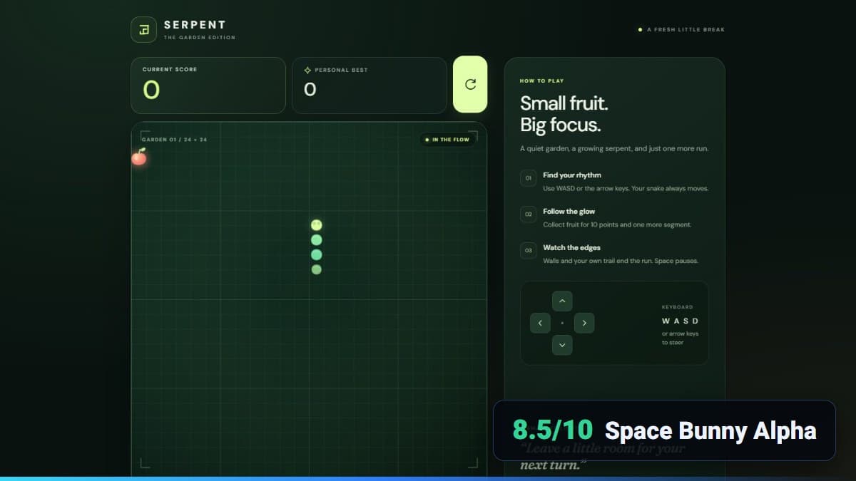 משחק הנחש של Space Bunny, עם לוח, ניקוד והוראות משחק